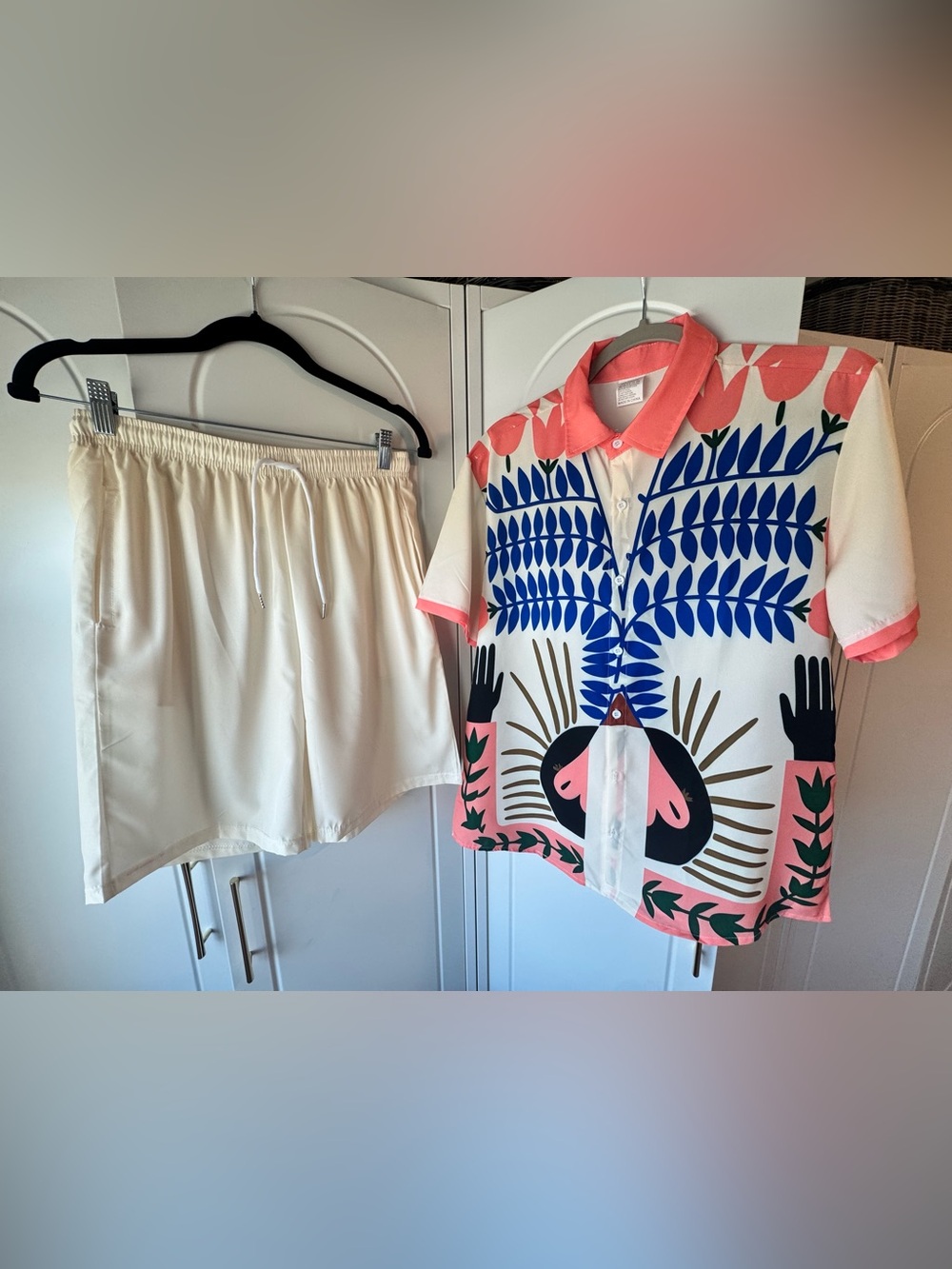 Graphic Tropical Button-Up Shirt and Shorts Set in Coral, Blue & Cream
